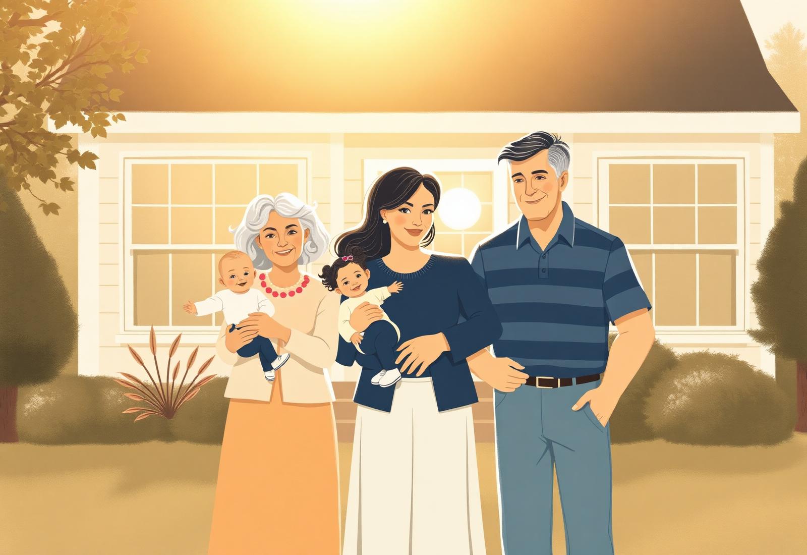 A multigenerational American family in front of their home